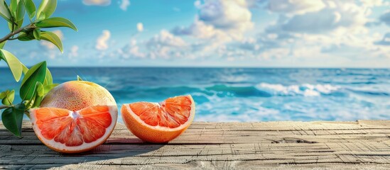 Poster - Fresh grapefruit halves on a wooden table with a backdrop of sea and sky provide a scenic copy space image for food and drinks