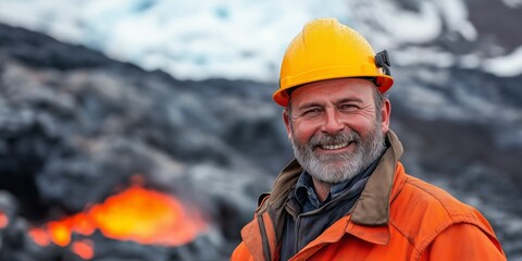 Volcanologist in a work environment examining volcanic activity