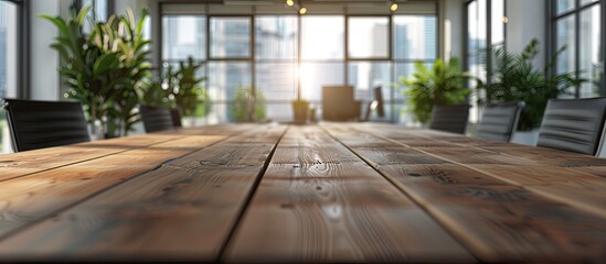 Fototapete - An empty wooden table in a modern office with a blurred background sets a perfect stage for product displays in a copy space image