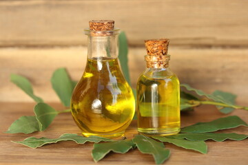 laurel (daphne) leaves and oil on wooden background