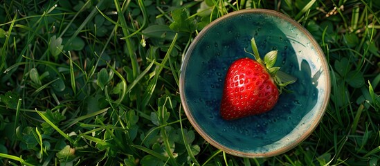 Aufkleber - Top down view of a bowl with a fresh ripe red strawberry placed on lush green grass portraying a summer harvest scene with ample copy space image