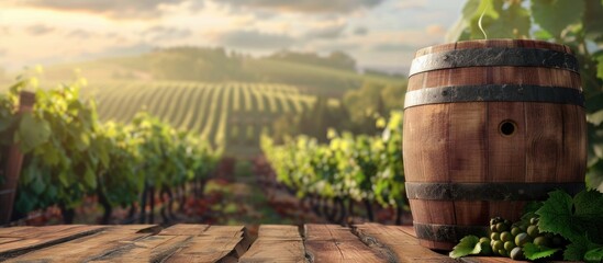 Canvas Print - Empty wooden wine barrel with a vineyard background serves as a copy space image for a product concept allowing for food drink and object placement