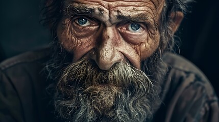 Poster - A close-up portrait of an elderly man with deep wrinkles and expressive eyes, conveying a sense of wisdom and experience.