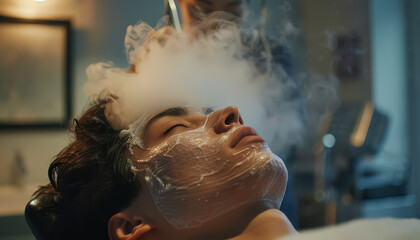 A woman is getting her face washed with steam