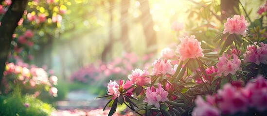 Fototapete - Sunny park setting with pink rhododendron flowers emanating beauty in the copy space image