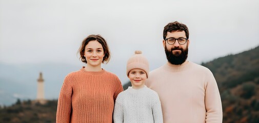 A cheerful family portrait in a scenic outdoor setting, embodying love and connection amidst a serene natural backdrop.