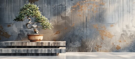 Poster - Vintage style setup featuring a bonsai tree in a clay pot on a concrete podium with abstract wooden decor against a cement loft wall ideal for copy space image