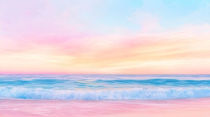 Wall Mural - Soft, pastel-colored sky over a calm, blue ocean with a wave breaking on the shore.