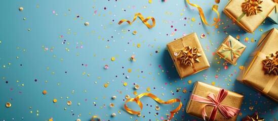 Poster - Top view of golden gift boxes and confetti on a colorful backdrop with copy space image