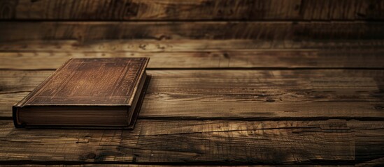 Wall Mural - Wooden table background showcasing a book with ample copy space image