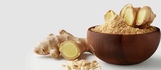 Poster - Slices of ginger root and powdered ginger presented in a wooden bowl against a white backdrop with available space for additional images