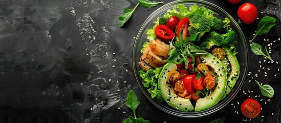 Poster - Glass container with fresh salad avocado cutlet and buckwheat on a black table from a top view offering copy space image