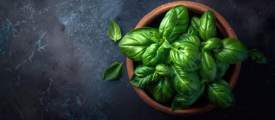 Poster - Top view of a potted fresh basil plant set against a dark background a vibrant green herb grown indoors a close up copy space image promoting healthy eating