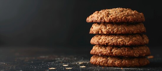 Poster - Homemade oatmeal cookies on a black backdrop with space for text or images. Creative banner. Copyspace image