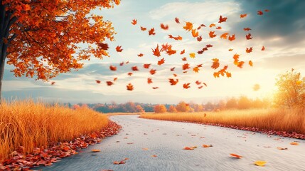 Sticker - Autumn Road With Falling Leaves.