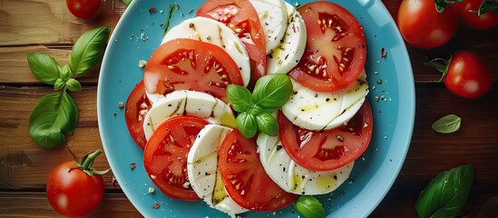 Sticker - Caprese salad creatively arranged to resemble the Italian flag on a blue plate with copy space image captured from above