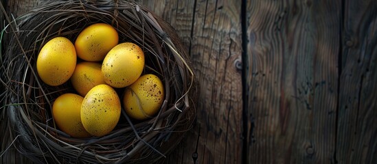 Sticker - Celebrate Easter with vibrant yellow eggs in a nest on a wooden table a creative top view decoration Enjoy the festive vibe with a copy space image