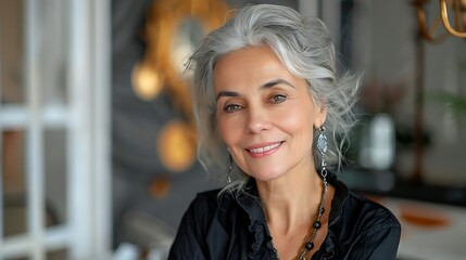 Sticker - A smiling older woman with gray hair in a stylish interior setting.