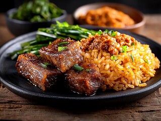 Wall Mural - A plate of Lemang, glutinous rice cooked in bamboo, served with a side of rich, spicy beef rendang, presented on a rustic wooden table