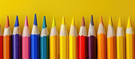Poster - Close up of numerous colorful pencils on a vibrant yellow backdrop with ample copy space image