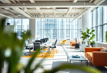 Modern bright office interior with furniture and daylight. Blurred background., ai