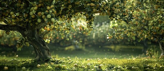 Aufkleber - Organic apple tree in a lush orchard with a green copy space image