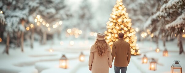 Winter Wonderland Romance - Couple in Snowy Garden Maze with Christmas Tree and Lanterns