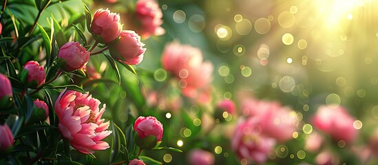 Fototapete - A blooming garden with pink peonies and buds in a close up copy space image against a vibrant green backdrop creating a beautiful bokeh effect