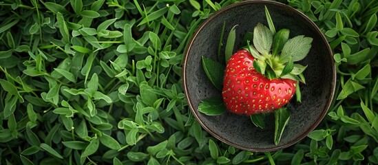 Aufkleber - Top down view of a bowl with a fresh ripe red strawberry placed on lush green grass portraying a summer harvest scene with ample copy space image