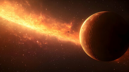 Wall Mural - A fiery orange planet in a dark sky with a bright streak of light.