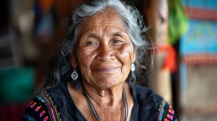 Canvas Print - A close-up portrait of an elderly woman with traditional attire and a warm smile, reflecting cultural heritage.