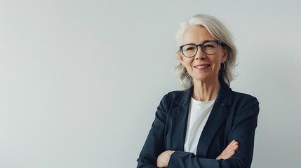 Poster - A confident older woman with glasses smiles while crossing her arms against a plain background.