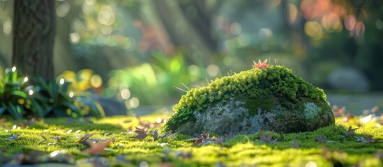 Aufkleber - A serene corner in the park with a moss covered stone surrounded by low plants under the warm sun creating a tranquil still life scene with copy space image
