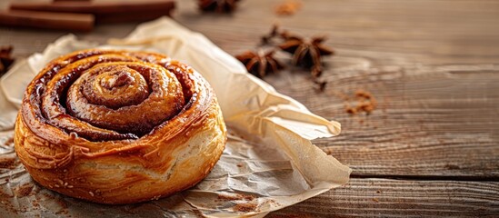 Wall Mural - Freshly baked cinnamon bun on parchment paper with a beautifully styled copy space image