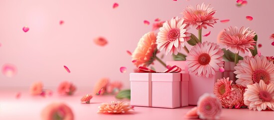 Poster - Celebrate International Women s Day with elegant gift boxes featuring roses and gerbera flowers on a pink background perfect for a copy space image