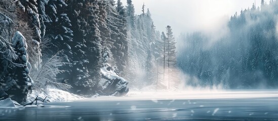 Wall Mural - Scenic winter landscape with fog covered snowy forest cold mountains river and dry leaf on snow with long shadows a breathtaking copy space image