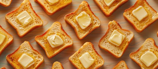 Wall Mural - Top down view of buttered toast slices on a wooden surface against a gray backdrop ample copy space image available