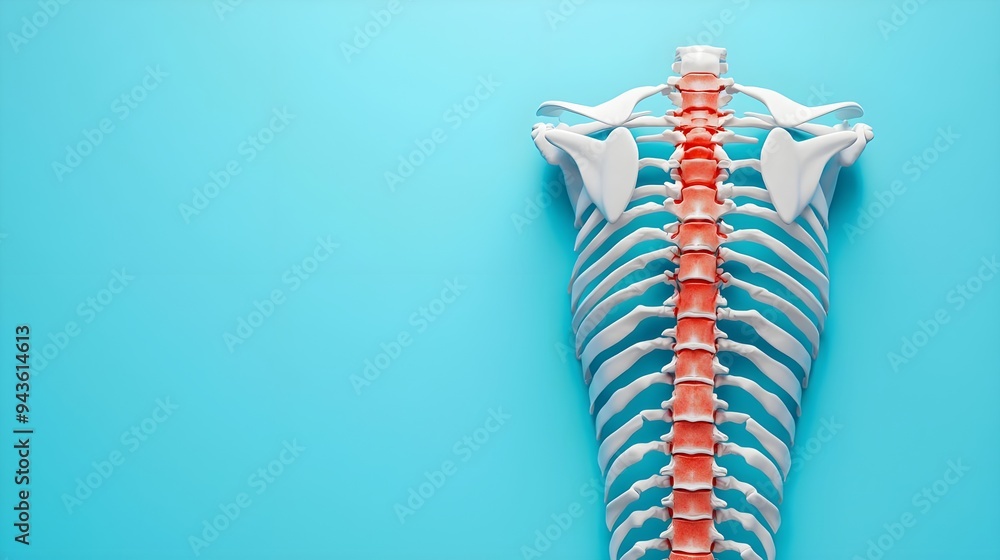 Anatomical model of the human rib cage and spine on a blue background ...