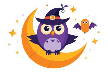 Wall Mural - Halloween owl wearing a Halloween cap sits on an orange half moon S.eps