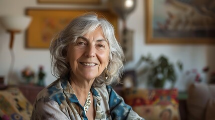 Poster - A smiling woman with gray hair sits comfortably in a cozy, decorated living space filled with plants and art.