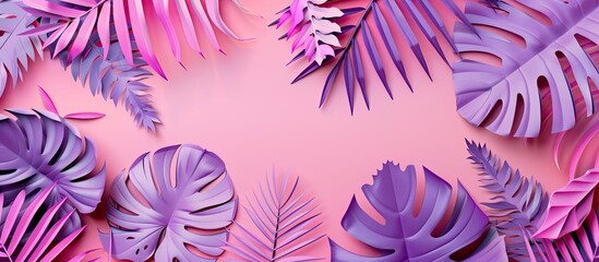 Poster - A vibrant pink background adorned with paper cutouts of tropical leaves creates an artistic composition with ample copy space image