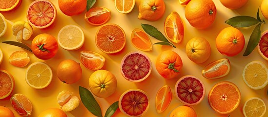 Wall Mural - Various exotic fruits such as oranges tangerines lemons and blood oranges are arranged in a flat lay style against a yellow backdrop with ample copy space for text or graphics