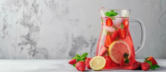 Aufkleber - Fresh strawberry lemonade with mint in a pitcher and glass on a grey background in close up view with room for text in the image. Creative banner. Copyspace image