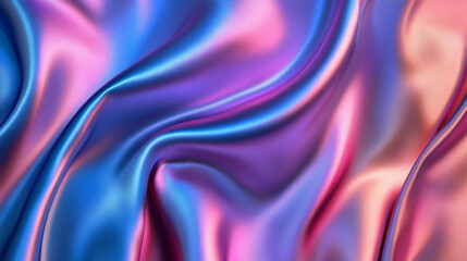 Wall Mural - Close-up of flowing satin fabric in blue and pink hues with a shimmering effect, showcasing its smooth and glossy texture.
