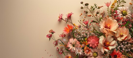 Leinwandbilder - Top down view of floral arrangement on beige backdrop ideal for adding text or graphics copy space image included