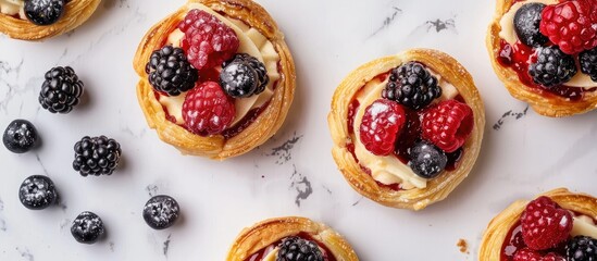 Poster - Top view of delectable berry filled puff pastries displayed on a white marble surface featuring ample copy space image