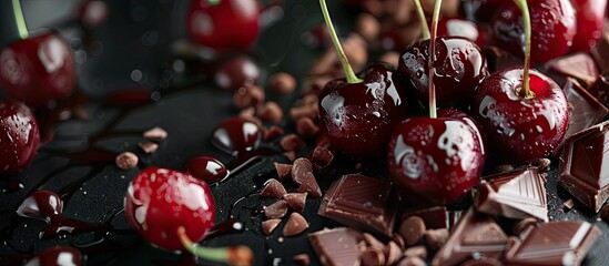 Aufkleber - Black mirror surface holding fresh cherries adorned with milk chocolate chunks providing copy space image