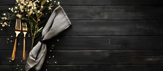 Poster - Top view of a chic table setting with cutlery flowers and a napkin on a black wooden surface perfect for adding text with copy space image