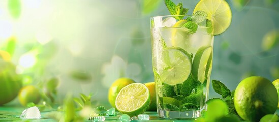 Aufkleber - Fresh Mojito cocktail with limes and mint served in a glass on a green background perfect for a copy space image