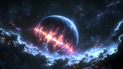 Wall Mural - A fiery planet erupts in a cosmic landscape with glowing clouds and a starry background.